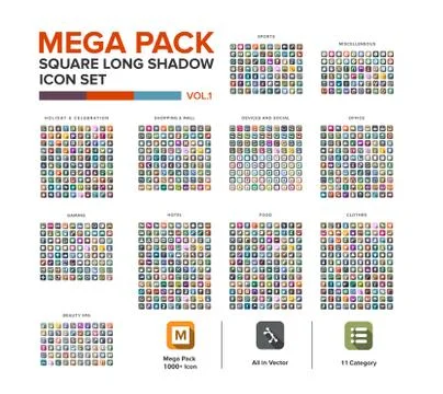 Mega Pack square  Icon set bundle long shadow . Icon set collection Иллюстрация