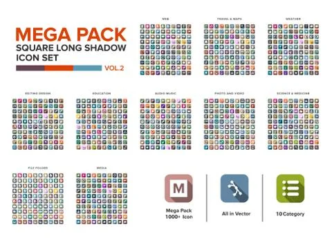 Mega Pack square  Icon set bundle long shadow vol.2. Icon set collection Stock Illustration