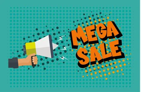 Mega Sale Comic halftone style with hand holding megaphone on a green halfton Stock Illustration