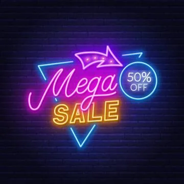 Mega Sale neon sign on brick wall background. Stock Illustration