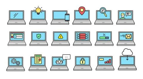 Mega set of 18 laptop and digital service icons Ilustração Stock