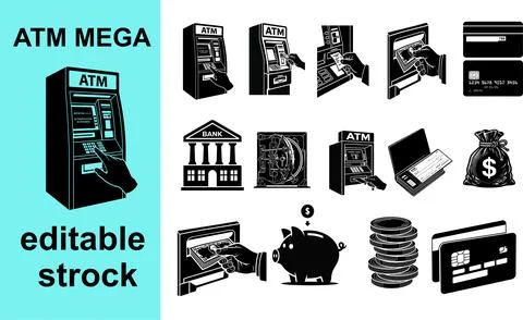 Mega set of atm and financial black solid icons with financial symbols Stock Illustration