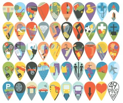 Mega set contains 49 map pins of various themes Stock Illustration