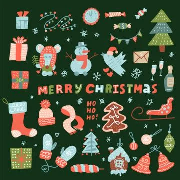 Mega set of cute Christmas Characters and decoration elements. Christmas coll Illustrazione stock