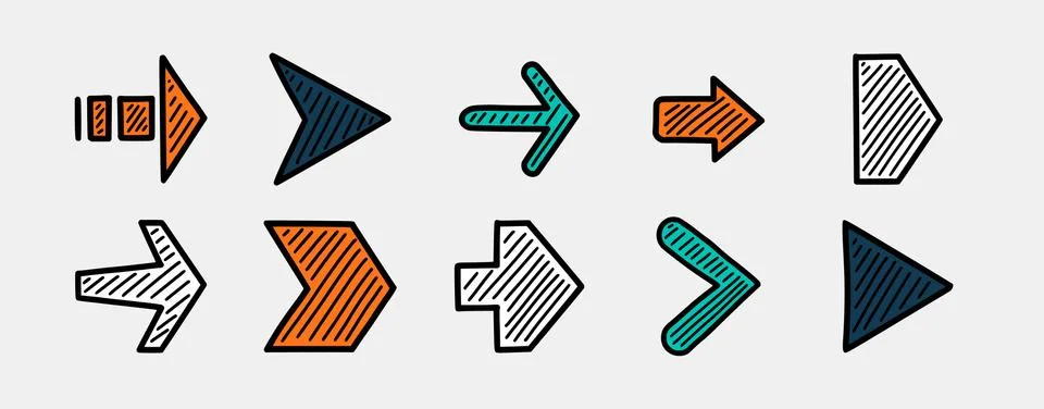 Mega set hand drawn arrow icons. Right, next directional pointers. Doodle arrow 스톡 일러스트
