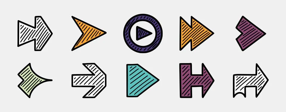 Mega set hand drawn arrow icons. Right, next directional pointers. Doodle arrow 스톡 일러스트