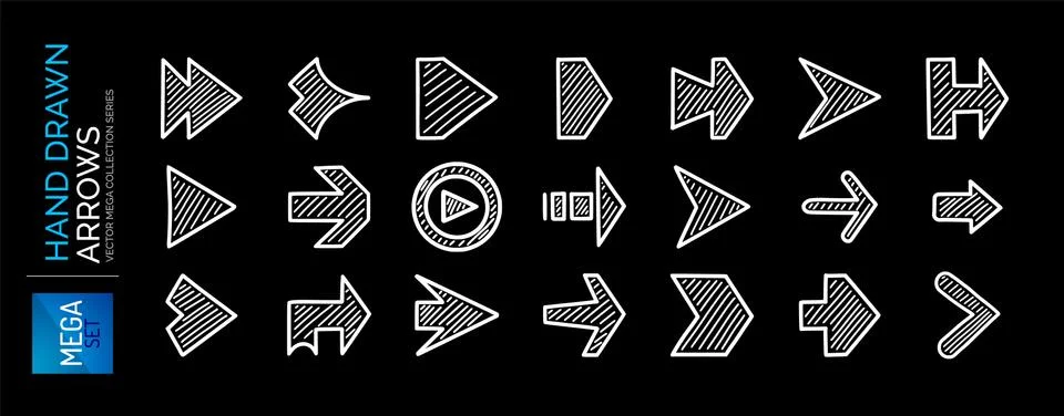 Mega set hand drawn arrow icons. Right, next directional pointers. White color Illustrazione stock