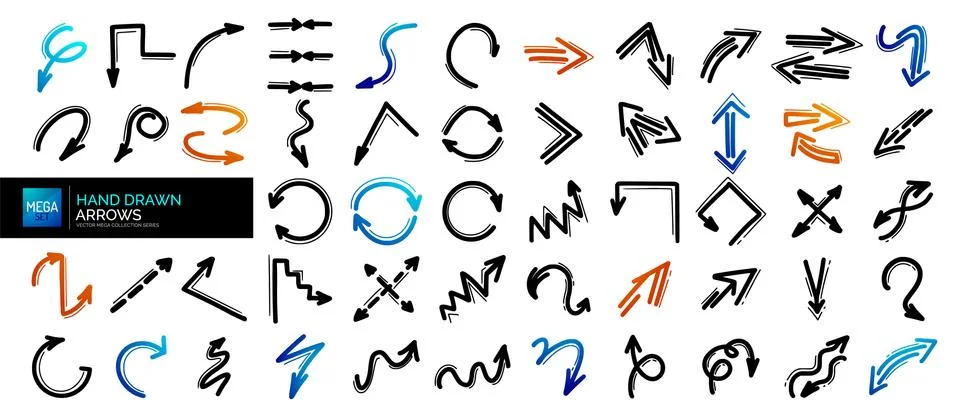 Mega set of hand drawn arrow icons. Arrows doodles design elements Illustrazione stock