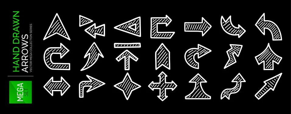 Mega set of hand drawn arrows. Direction, navigation, download, location and Stock Illustration