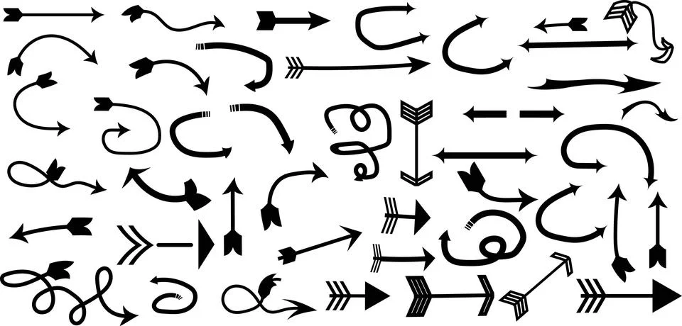Mega Set of Hand-Drawn Black Doodle Arrows and Sketched Vector Design Elements Stock Illustration