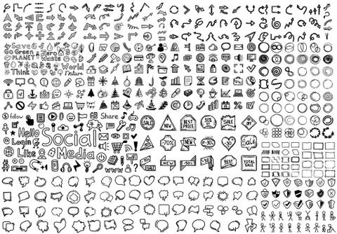 Mega set of hand drawn icons - web, finance, nature, technology, price labels Stock Illustration
