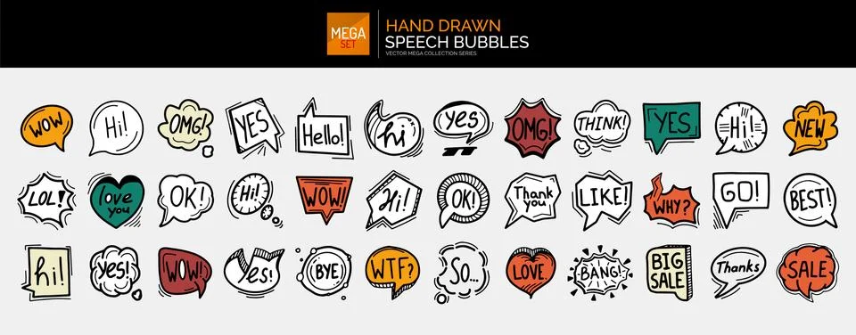 Mega set of hand drawn speech bubbles, clouds and balloons with some text Illustrazione stock