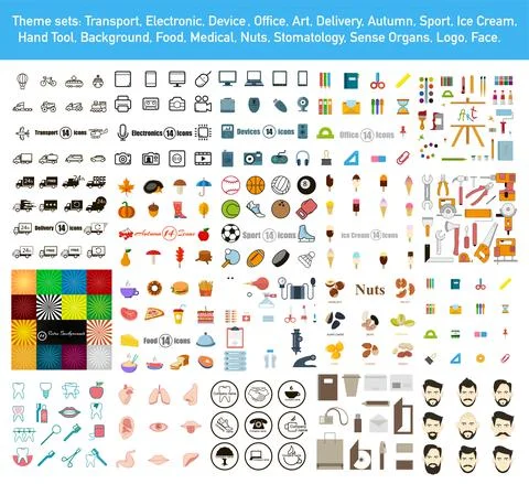 Mega set with icons and backgrounds in flat style. Vector Illustrazione stock