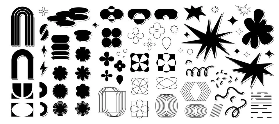 Mega set naive groovy flat shapes 90s cartoon style Stock Illustration