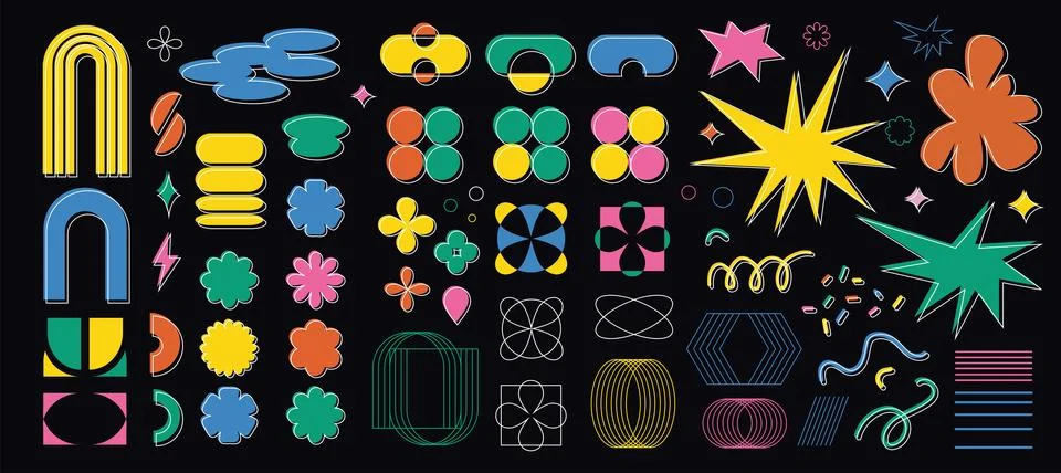 Mega set naive groovy flat shapes 90s cartoon style Stock Illustration