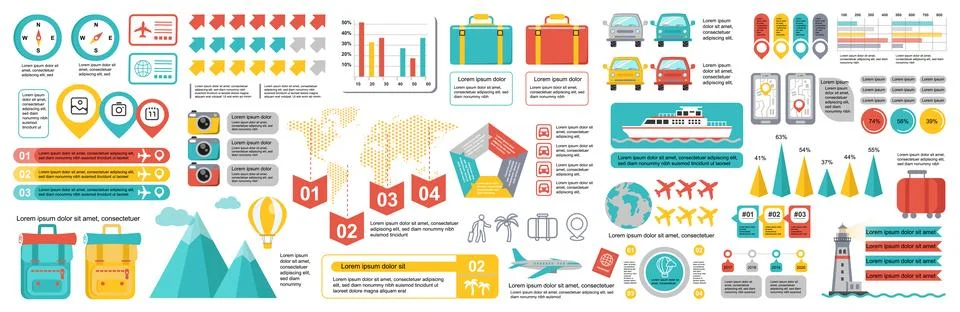 Mega set of travel infographic elements data visualization vector design te.. Illustrazione stock