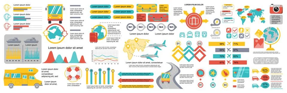 Mega set of travel infographic elements data visualization vector design te.. Illustrazione stock