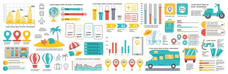 Mega set of travel infographic elements data visualization vector design te.. Illustrazione stock