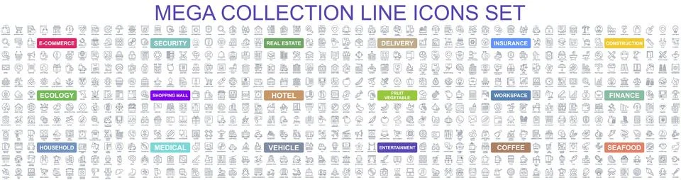 Mega set of vector simple line icons. Contains such Icons as E-commerce, Sh.. Stock Illustration