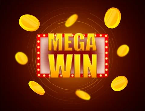 Mega win text on lightbox. Gold coin. Casino bonus. Stock Illustration