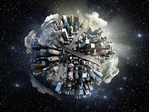 Megalopolis aerial view 3d render image in space Stock Illustration