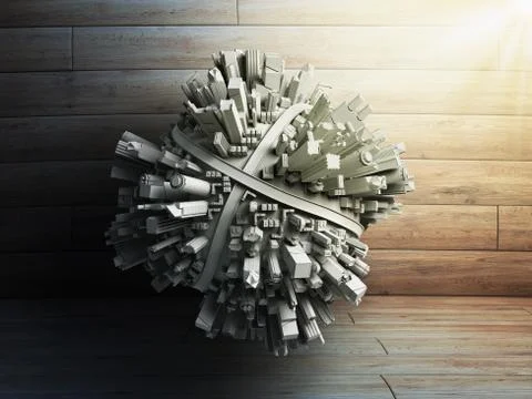 Megalopolis aerial view 3d render image on wood Stock Illustration