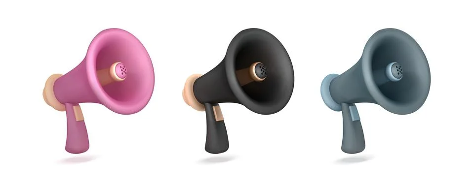 Megaphone 3d icon set. Soft lilac, black, blue megaphone vector 3d illustrati Illustrazione stock