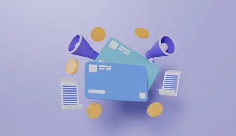 Megaphone amplifier and coins floating, Online payments credit or debit card Stock Illustration