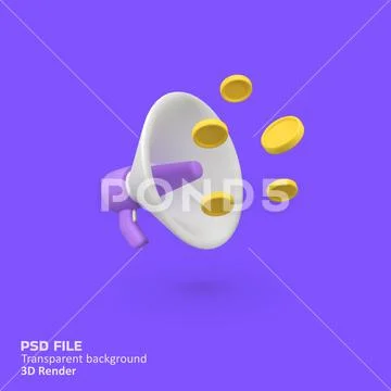 Megaphone and Coins isolated 3d render icon illustration PSD Template