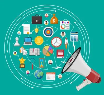Megaphone and different icons. Stock Illustration