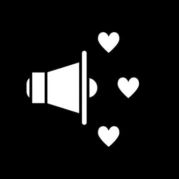 Megaphone and hearts solid icon. Volume vector illustration isolated on black Stock Illustration
