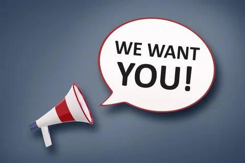 A megaphone and a speech bubble with shout we want you 3d illustration Stock Illustration