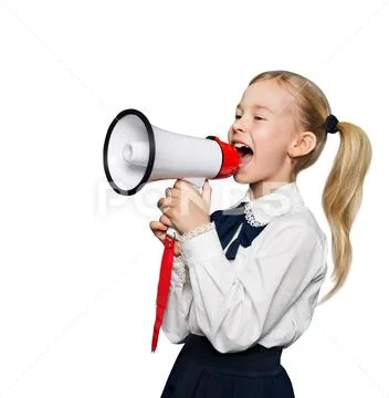 Megaphone Announcement, School Child Girl Announce Scream using Speaker, White Stock Photos