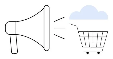 Megaphone Announcing Cloud Shopping Next to Shopping Cart Illustrazione stock