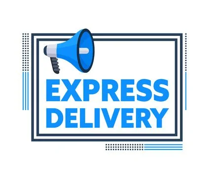 Megaphone announcing express delivery with a frame and geometric shapes 스톡 일러스트