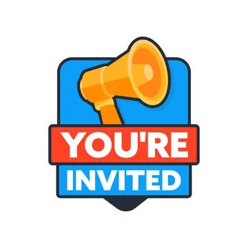 Megaphone Announcing an Invitation Inside Blue Badge Stock-Illustration