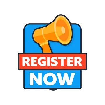 Megaphone Announcing Register Now on Blue and Red Sign イラスト素材