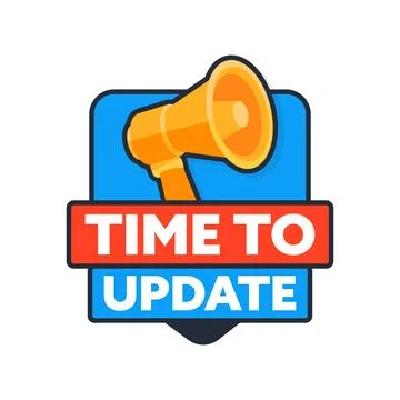 Megaphone Announcing Time To Update On Blue Red Label Illustrazione stock