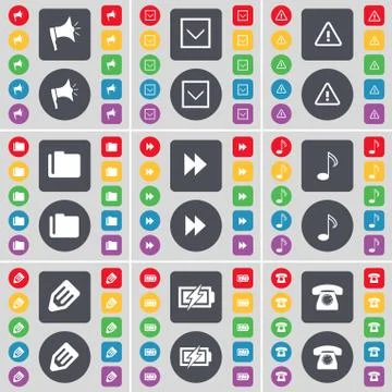 Megaphone, Arrow down, Warning, Folder, Rewind, Note, Pencil, Charging, Retro ph Stock Illustration