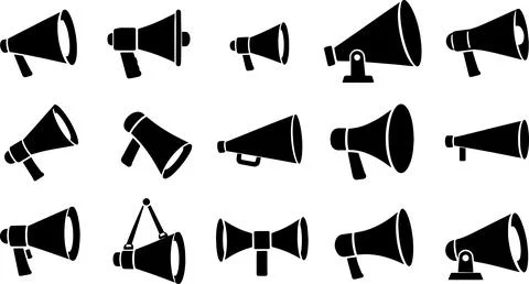 Megaphone audio device icons set black silhouettes for public communication.. Stock Illustration