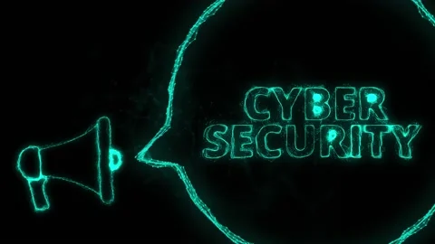 Megaphone banner with speech bubble and text cyber security. Plexus style of Stock Footage 171400924