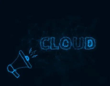 Megaphone banner with text cloud. Plexus style of blue glowing dots and lines Illustration