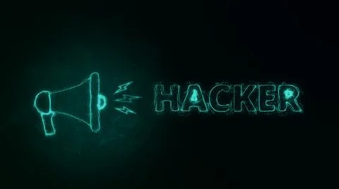 Megaphone banner with text hacker. Plexus style of green glowing dots and lines Illustrazione stock