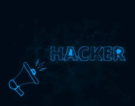 Megaphone banner with text hacker. Plexus style of blue glowing dots and lines Stock Illustration