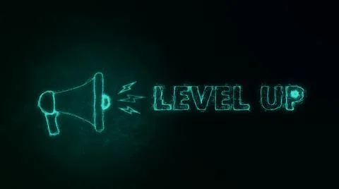 Megaphone banner with text level up. Plexus style of green glowing dots and Illustrazione stock