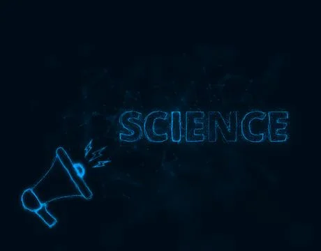 Megaphone banner with text science. Plexus style of blue glowing dots and lines Stock Illustration