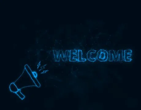 Megaphone banner with text welcome. Plexus style of blue glowing dots and lines Illustrazione stock