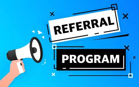 Megaphone blue banner with referral program sign. Vector illustration Stockillustratie