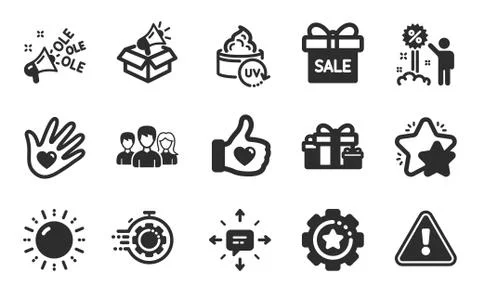 Megaphone box, Seo timer and Holiday presents icons set. Discount, Like hand and Stock Illustration