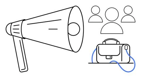 Megaphone, briefcase with handle, and three person icons highlighting communi Illustration